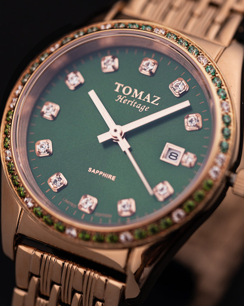 
                  
                    Load image into Gallery viewer, Tomaz Ladies Watch TQ017L-D35 (Rosegold/Green) with Green Swarovski (Rosegold Steel Mesh Strap
                  
                